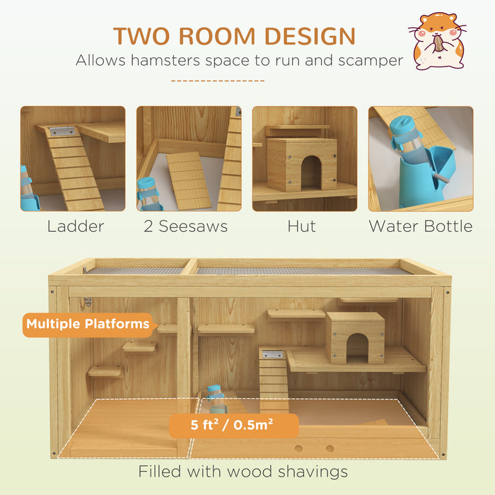 PawHut Wooden Hamster Cage with Water Bottle, Platforms, Openable Roof, Sliding Tray, Hut, Seesaws, Natural Wood Finish