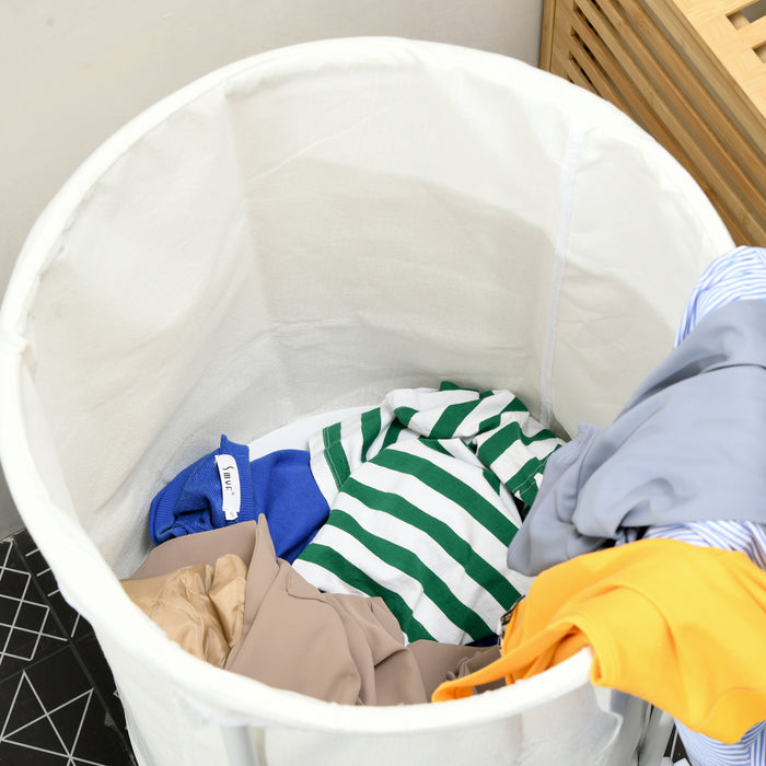 Large 100L Cream White Laundry Basket with Wheels - Round 50cm Hamper with Steel Frame and Removable Bag - Ideal for Bedroom, Bathroom, Laundry Room Organization