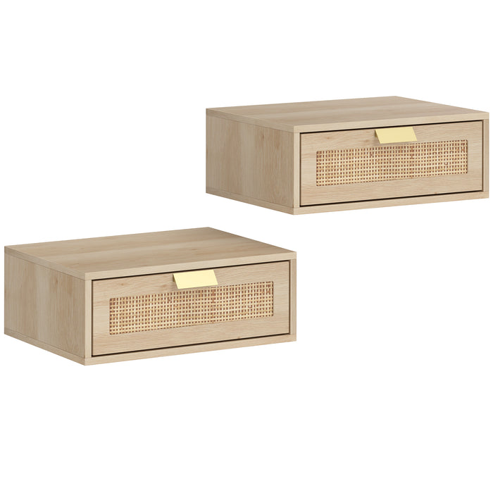 HOMCOM Floating Bedside Tables Set of 2, Wall Mounted Bedside Cabinets with Rattan Drawer and Wood Effect, Oak