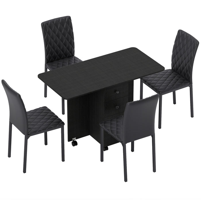 HOMCOM Dining Table Set, Folding Drop Leaf Table with Storage and 4 Chairs, Black