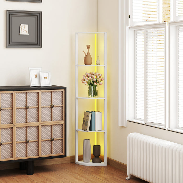 HOMCOM RGB LED Floor Lamp with Shelves, 5-Tier Dimmable Standing Lamp with Adjustable Brightness and Remote Control, Modern Corner Display Shelf Unit for Living Room Bedroom Office, White