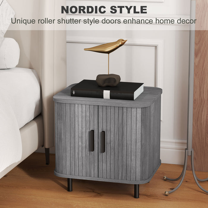 HOMCOM Bedside Table, Nordic Side Table with Roller Shutter Style Sliding Doors and Metal Legs for Bedroom, Living Room, Grey