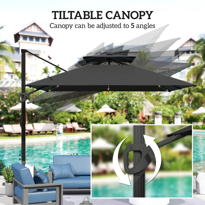Outsunny 3.5x3 m Garden Cantilever Parasol with Solar LED Lights and Centre Light, Aluminium Large Square Patio Umbrella, UPF50+ Hanging Sun Shade with Cross Base, Crank Handle and Tilt, Black
