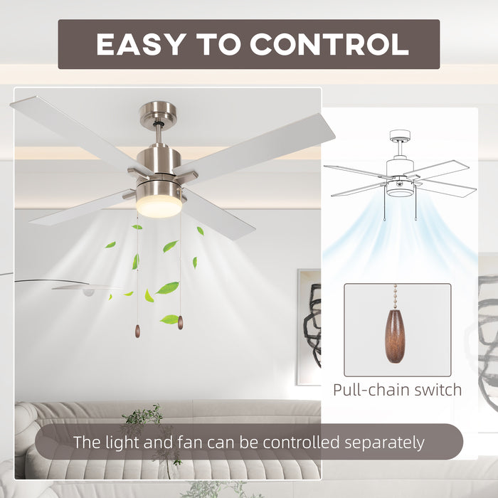 Ceiling Fan with LED Illumination - Dual-Finish Reversible Blades and Pull-Chain Operation - Sleek Silver Design for Modern Home Lighting