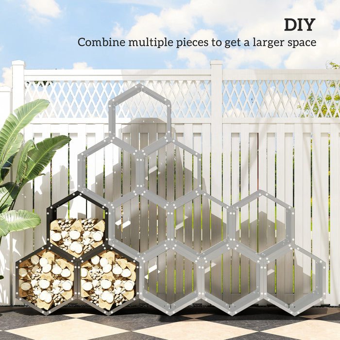 Outsunny Fireplace Log Rack, Steel Firewood Log Holder, 3 Hexagon Boxes, Indoor Outdoor Wood Storage Shelf, 113 x 37 x 113cm, Black | Aosom UK