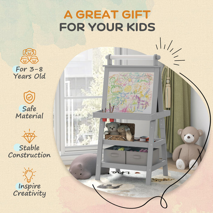 Aosom 3-in-1 Kids Easel - Double-Sided Magnetic Whiteboard & Chalkboard, Paper Roll, Storage Baskets - Creative Learning Tool for Children