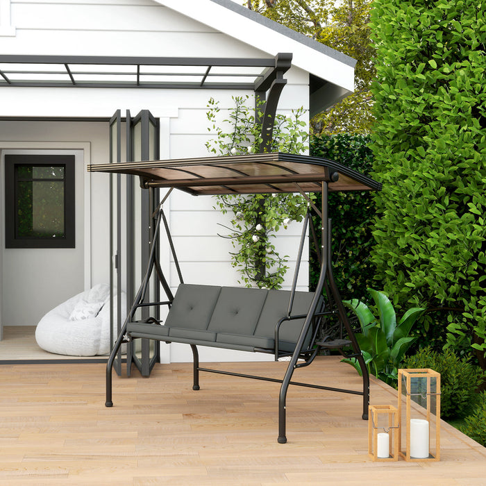 Outsunny 3 Seater Garden Swing Seat Bed with UPF30+ Adjustable Canopy, Convertible Swing Chair with Cushion, Outdoor Hammock Bench with Cup Trays for Balcony Patio, Dark Grey