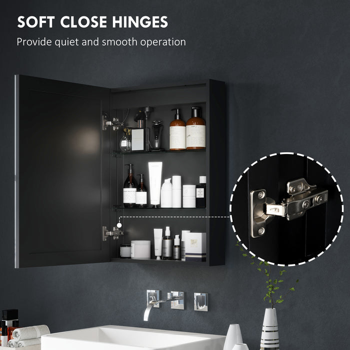 HOMCOM Bathroom Mirror Cabinet with LED Lights and Shaver Socket, 500 x 700 mm Wall Mounted Bathroom Cabinet with Mirror, Demister Pad, Dimmer, 3 Colours, Medicine Cabinet, Black