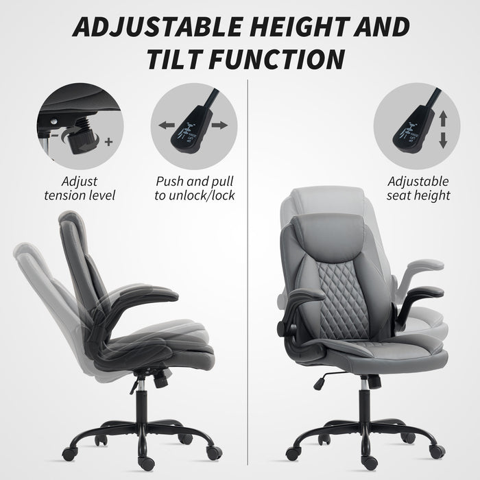 HOMCOM Faux Leather Office Chair. with Flip-Up Armrests - Charcoal Grey