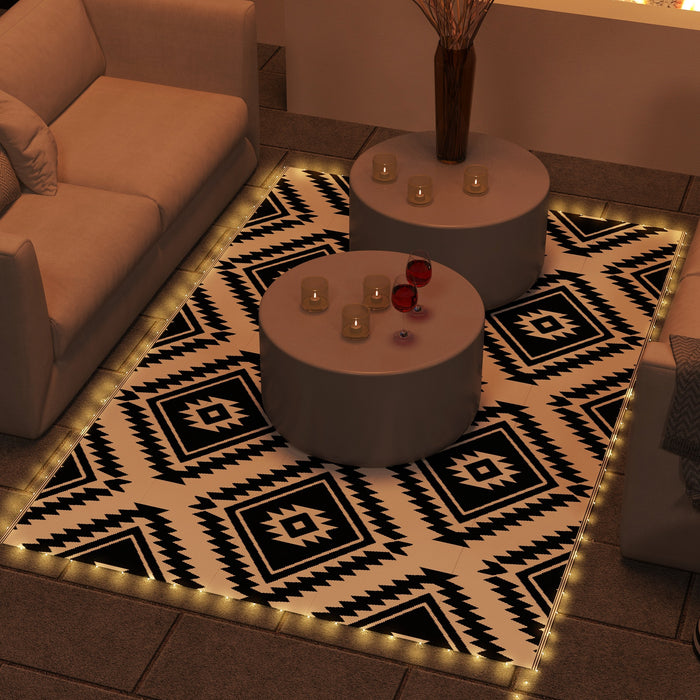 Reversible Black & White RV Camping Rug with LED Lights - Durable 182x274cm Outdoor Mat, Easy-Clean Plastic Straw Material - Perfect for Campers & Outdoor Enthusiasts