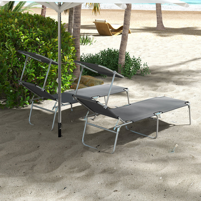 Foldable Sun Lounger Duo Pack - Adjustable 4-Level Backrest with Sun Shade Canopy, Grey - Ideal for Beach, Garden, Patio Relaxation