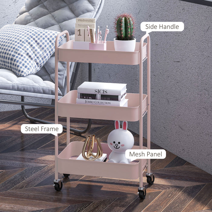 HOMCOM Three-Tier Steel Storage Trolley - Pink | Aosom UK