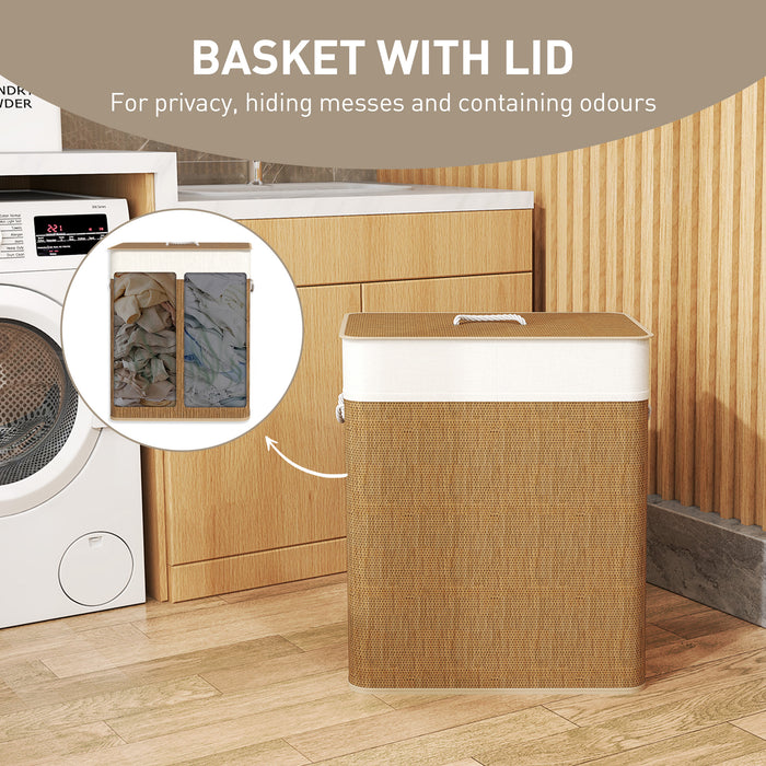 HOMCOM Double Laundry Basket with Lid, 100L Bamboo Laundry Hamper with Rope Handles, Washing Basket with Removable Liner for Bathroom, Bedroom, Brown