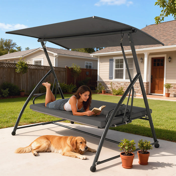 Outsunny Outdoor 2-in-1 Swing Chair Lounger 3 Seater Garden Swing Seat Bed Convertible Tilt Canopy W/ Cushion, Dark Grey