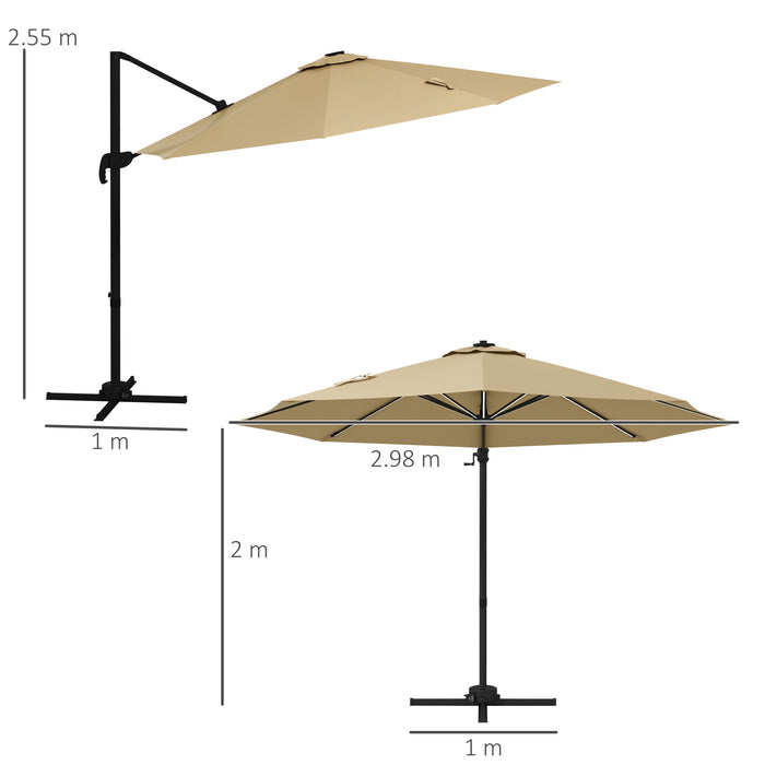 Adjustable 3m Cantilever Parasol with Base - Solar-Powered LED Lighting, Elegant Khaki Shade - Ideal for Outdoor Relaxation and Evening Ambiance
