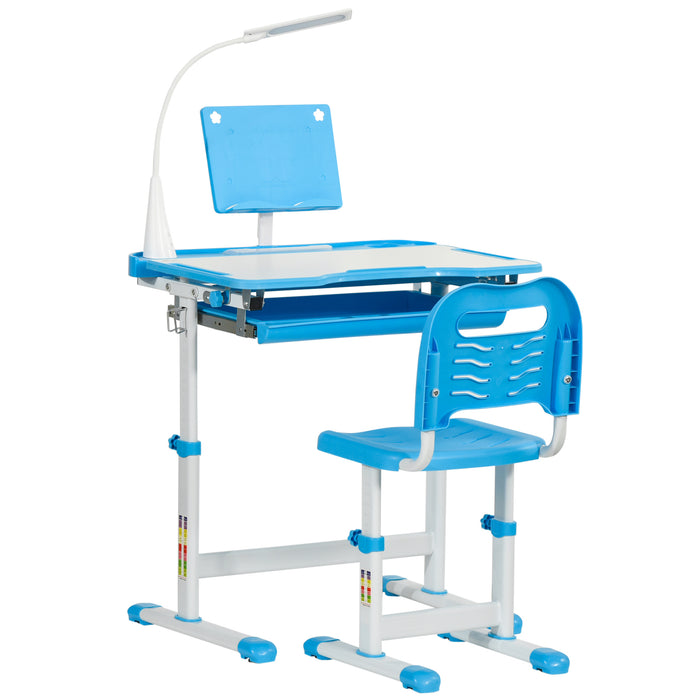 HOMCOM Kids Study Desk and Chair Set w/ Adjustable Height, Storage Drawer - Blue | Aosom UK