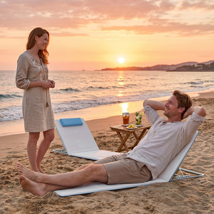 Outsunny Set of 2 Foldable Garden Beach Chair Mat, Lightweight Outdoor Sun Lounger Seats with Adjustable Back, Metal Frame, PE Fabric Head Pillow and Carry Bag, Cream White