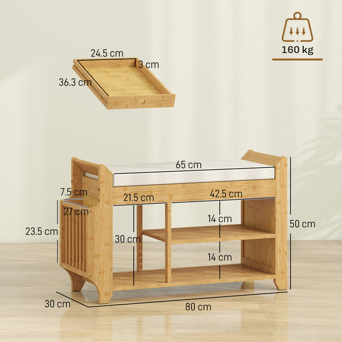HOMCOM Shoe Bench 2-Tier Boot Section Entryway Storage Bench Cushioned Seat 100 x 30 x 50 cm Natural and Cream