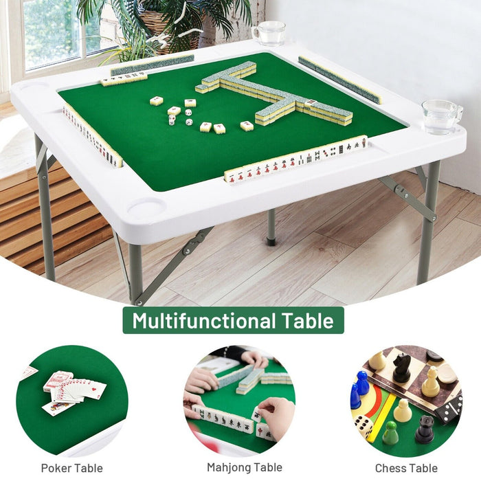 Square Folding Mahjong Table - Includes 4 Cup Holders and Chip Grooves - Ideal for Casual and Competitive Players