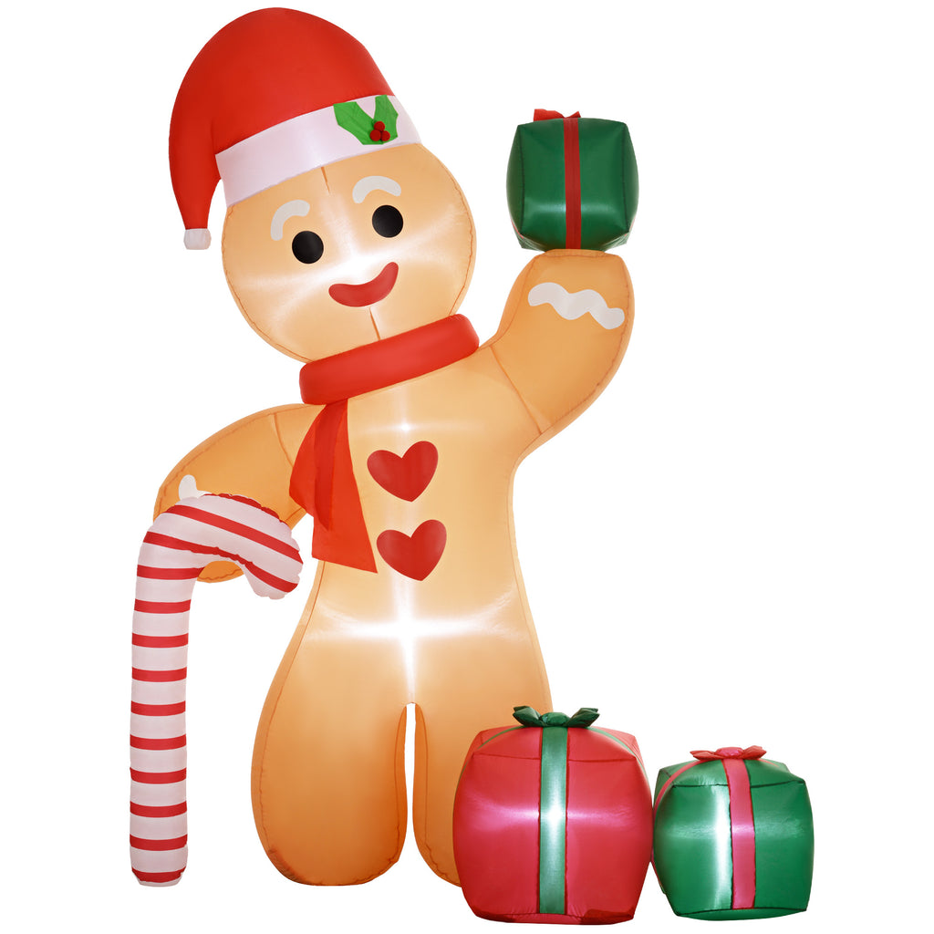Outsunny 8FT Christmas Inflatable Gingerbread Man with Candy Cane and Three Gift Bags, Christmas Blow Up Outdoor LED Display for Garden Party