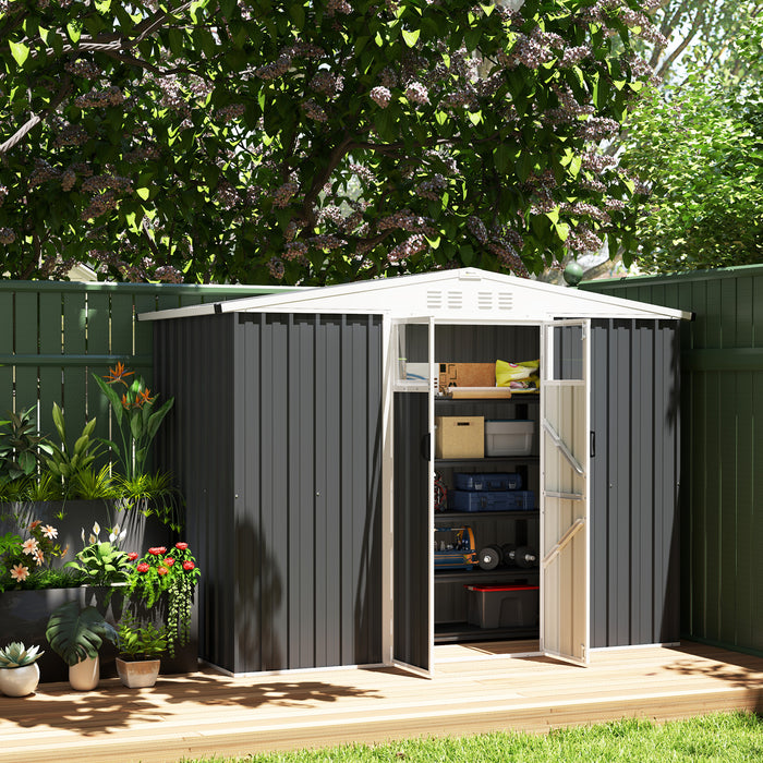 Outsunny 8 x 4 ft Metal Garden Shed, Garden Storage Shed with Window, 4 Vents and Lockable Door, Waterproof Galvanised Steel Tool Storage Shed, Dark Grey