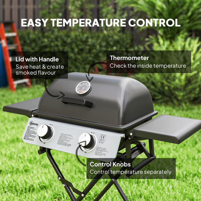 Outsunny Foldable Gas BBQ with Side Tables, 2 Burner Portable Gas Barbecue Grill with Thermometer Lid Grease Tray Wheels, Folding Trolley for Garden Party Camping Picnic Outdoor Cooking, 5.6KW, Black