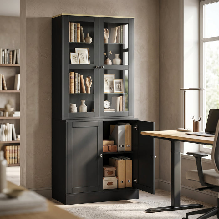 HOMCOM Modern Bookcase Display Storage Unit with Glass Doors Adjustable Shelves, Black