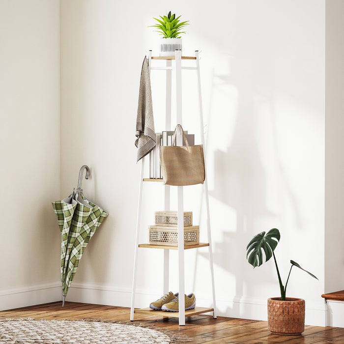 HOMCOM Compact Freestanding Coat Rack -  White/Oak