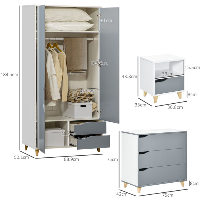 HOMCOM Bedroom Furniture Set, Wardrobe with Hanging Rail, 3 Drawer Chest of Drawers, Bedside Table with Drawer, Grey and White | Aosom UK
