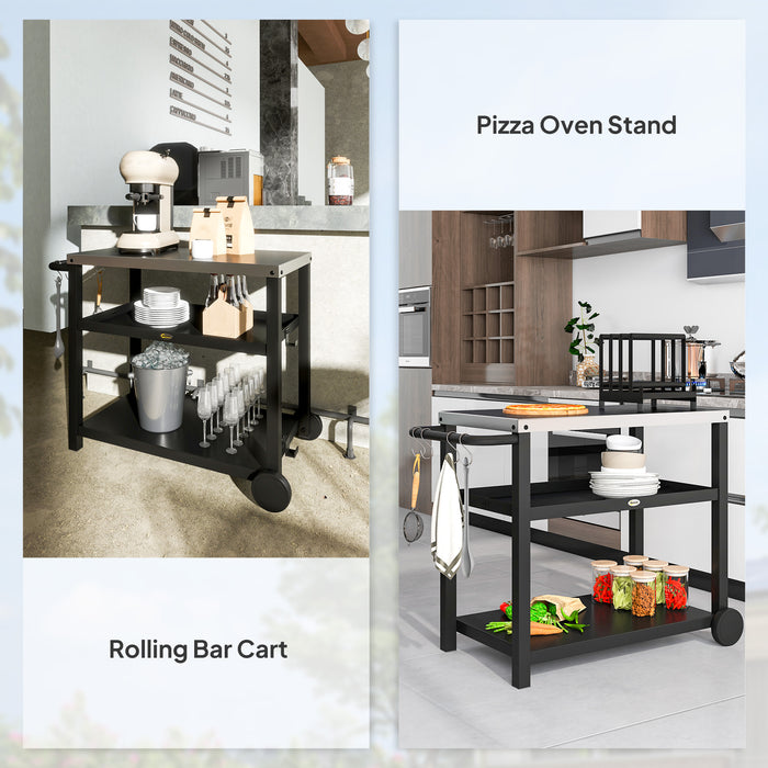 Outsunny Outdoor Grill Dining Cart 3-Shelf Movable Pizza Oven Table Stand with Stainless Steel Top, Portable BBQ Trolley Food Prep Outdoor Kitchen BBQ Station with Hooks Wheels Handle, Charcoal Grey