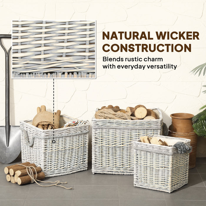 Outsunny Set of 3 Log Baskets for Wood Burner Indoor, Storage Basket with Lining and Rope Handles, Wicker Basket for Fireside Storage, Blankets, Beige