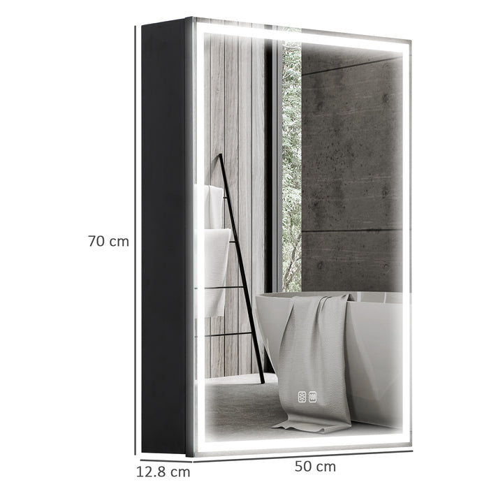 HOMCOM Bathroom Mirror Cabinet with LED Lights and Shaver Socket, 500 x 700 mm Wall Mounted Bathroom Cabinet with Mirror, Demister Pad, Dimmer, 3 Colours, Medicine Cabinet, Black