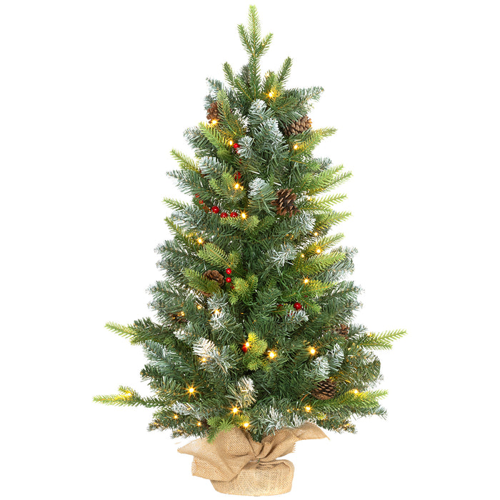 HOMCOM 2 Pieces 3ft Prelit Artificial Christmas Tree with LED Light and 291 Tips, Concrete Base, Tabletop Xmas Tree with Pine Cones and Red Berries, Green