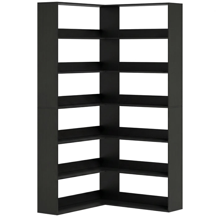 HOMCOM 7 Tiers Bookshelf, L-Shaped Corner Bookcase with Anti-Slip Rear Guard, Black Wood Effect
