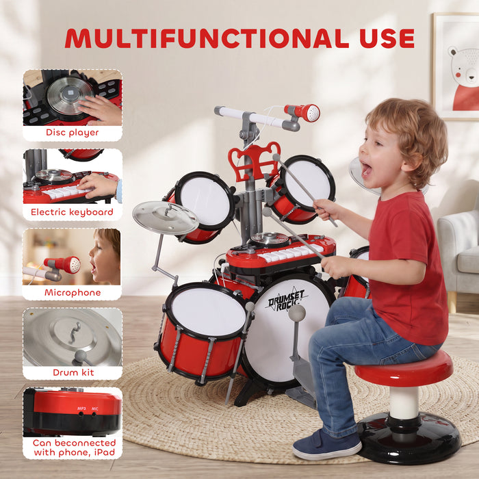 HOMCOM Kids Drum Set for Beginners, Drum Kit with Toy Microphone, Cymbal, Pedal & Drumsticks, Educational Musical Toy, Red