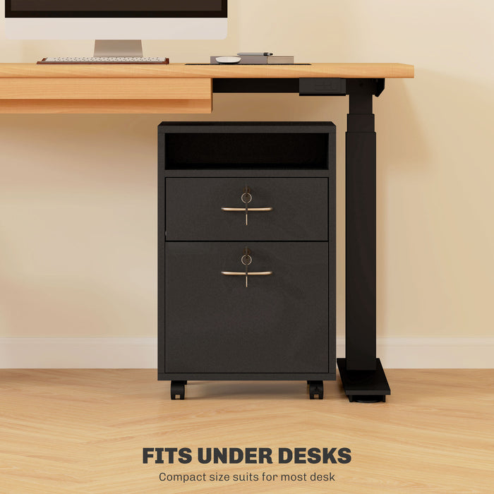 HOMCOM 60cm Storage Cabinet with Drawer, Open Shelf, Metal Handles and 4 Wheels, Office Home Organiser Mobile Printer, Black