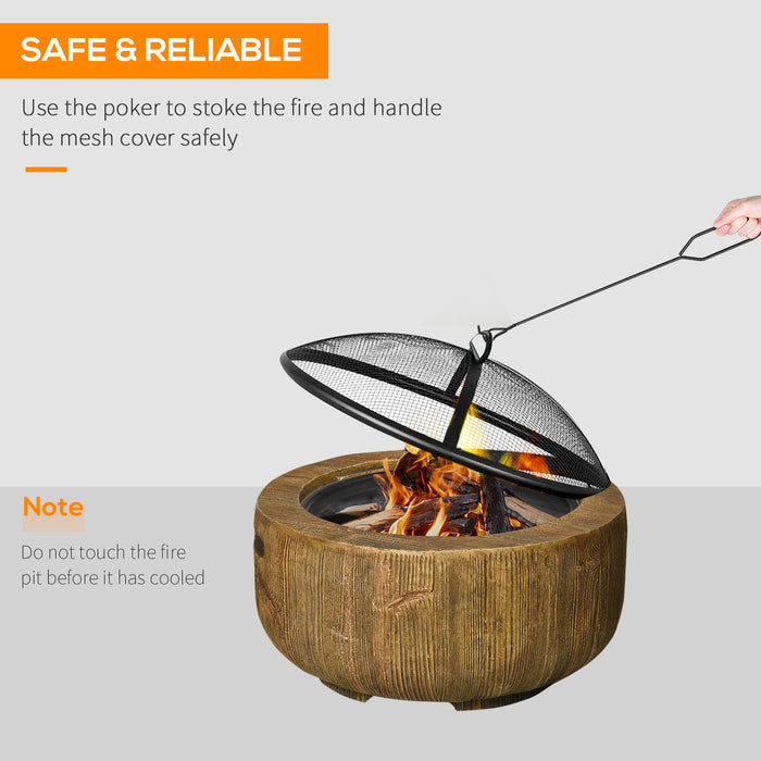Outsunny Outdoor Fire Pit, 61.5 cm Metal Wood Burning Fireplace with Spark Cover, Poker, Woodgrain Design