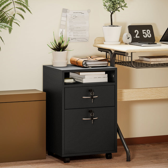 HOMCOM 60cm Storage Cabinet with Drawer, Open Shelf, Metal Handles and 4 Wheels, Office Home Organiser Mobile Printer, Black
