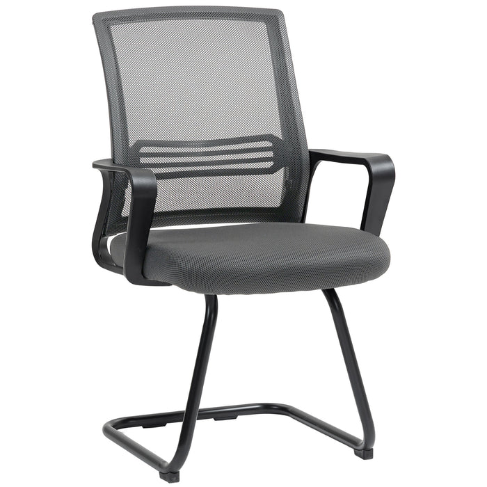 HOMCOM Padded Meeting Office Chair, Ergonomic Desk Chair No Wheels with Sled Base for Bedroom, Waiting, Reception, Dark Grey