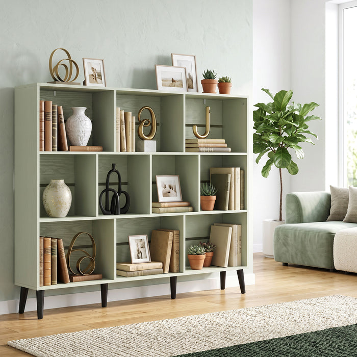 HOMCOM 10-Cube Bookcase, 3-Tier Book Shelf with Solid Wood Legs, 140 cm Modern Bookshelf with Anti-Tip Kit, Light Green