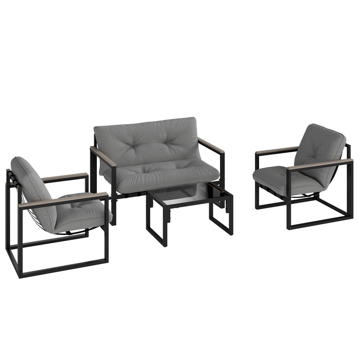 Outsunny Garden Furniture Set, 4 Piece Indoor Outdoor Conservatory with Loveseat Sofa, Armchairs, Glass Top Coffee Table, Cushions for Balcony, Poolside, Patio, Dark Grey