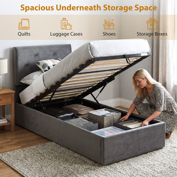HOMCOM Single Bed Frame Gas End Lift Under Bed Storage Upholstered Platform Bed Tufted Headboard for 90 x 190 cm Mattress