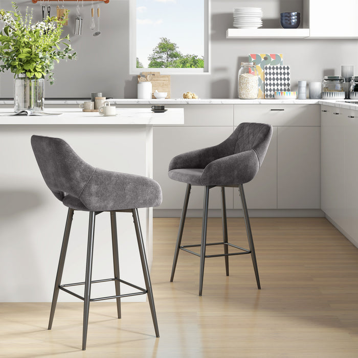 Velvet Grey Bar Stools, Set of 2 - Luxurious Soft Touch Counter Seating - Ideal for Home Bar or Kitchen Island Comfort