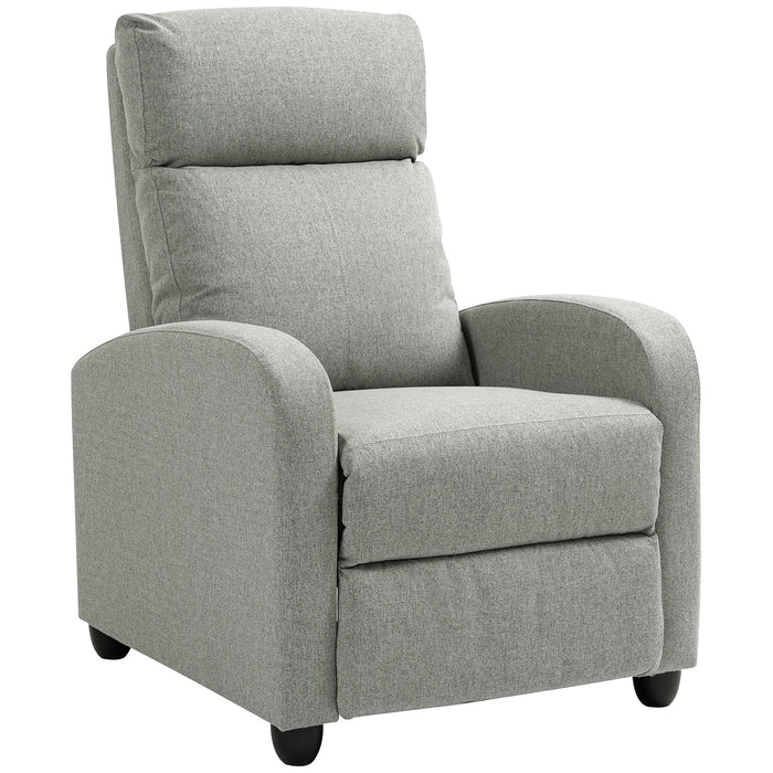 HOMCOM Push Back Recliner Armchair, Linen Fabric Manual Reclining Chair with Adjustable Footrest and Padded Seat for Living Room, Bedroom, Light Grey