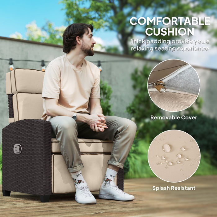 Outsunny Rattan Garden Recliner Chair, Adjustable Backrest Reclining Rattan Chair with Flip Table, Cushion and Footrest, Indoor Outdoor Lounge Reclining Sun Lounger for Patio, Dark Brown/Khaki