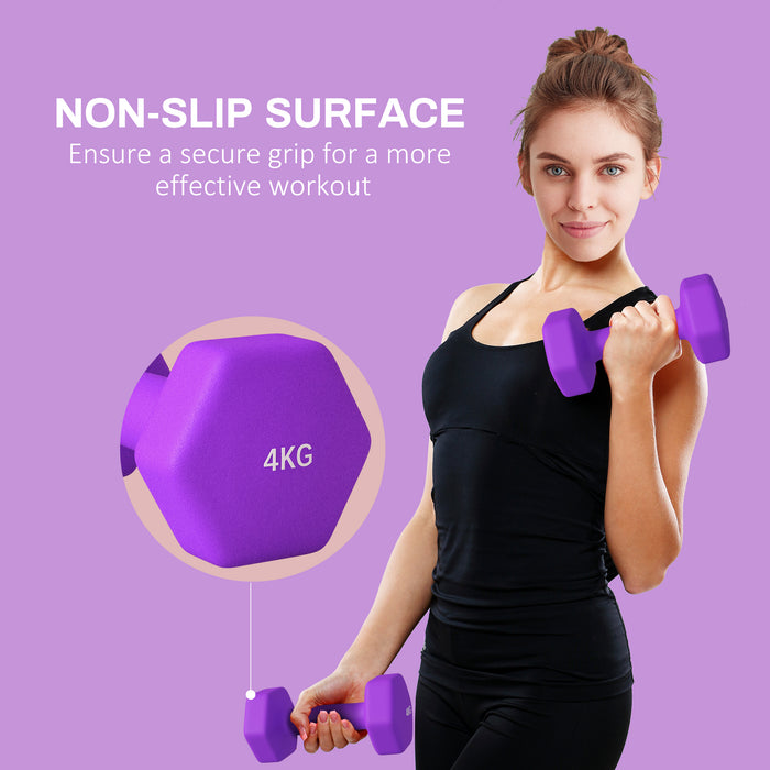 Hexagonal Dumbbells 2-Pack - 4kg Each with Non-Slip Grip, Home Gym Equipment, Purple - Ideal for Strength Training and Fitness Enthusiasts