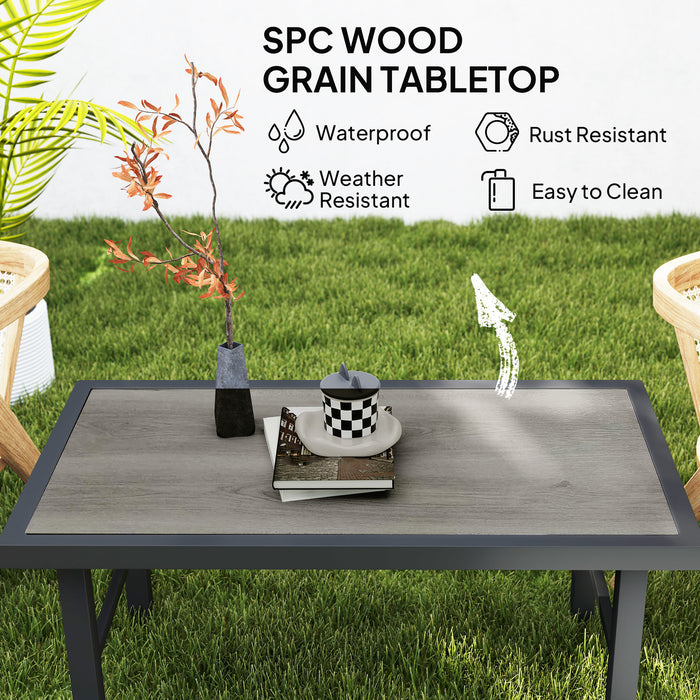 Outsunny Metal Garden Coffee Table, Outdoor Side Table with SPC Woodgrain Tabletop for Outside, Garden, Balcony, Porch, 100 x 53 x 46cm, Grey Wood Effect