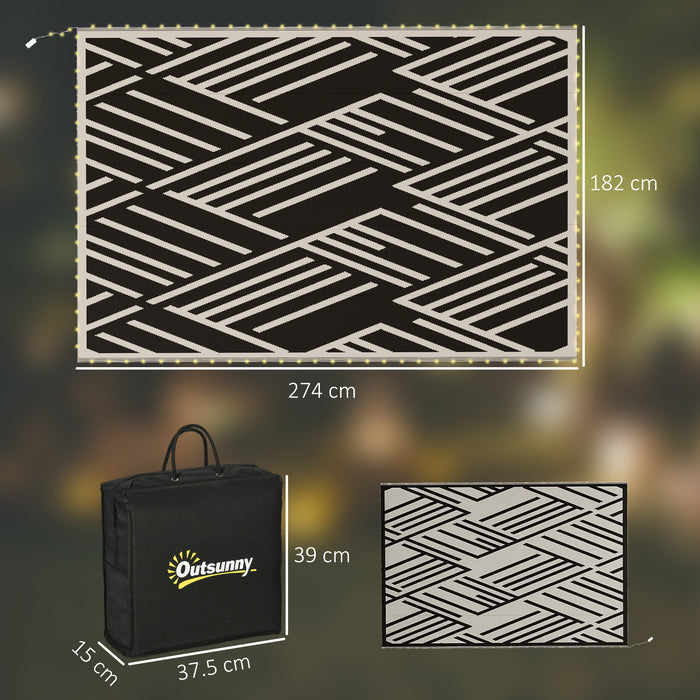 Reversible Plastic Straw RV Rug with LED Lights - Large 182 x 274cm Outdoor Mat in Black and Coffee - Ideal for Campers & Patio Lighting Decor