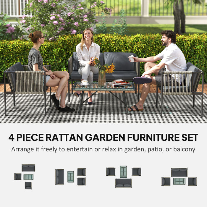 Outsunny 4 Piece Rattan Garden Furniture Set, 4 Seater Wicker Outdoor Furniture Set with 2 Armchairs, Loveseat, Glass Top Coffee Table and Cushions for Balcony, Porch, Grey