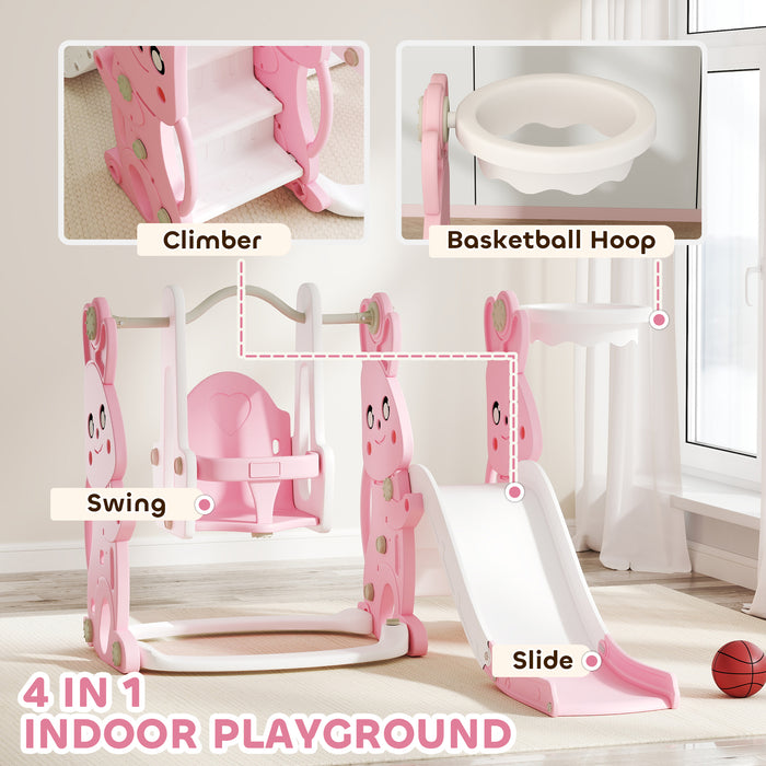 AIYAPLAY 4 in 1 Kids Slide and Swing Set with Climber, Basketball Hoop, Rabbit-Themed, Pink